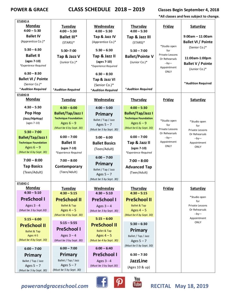 Class Schedule | Power & Grace School of Performing Arts